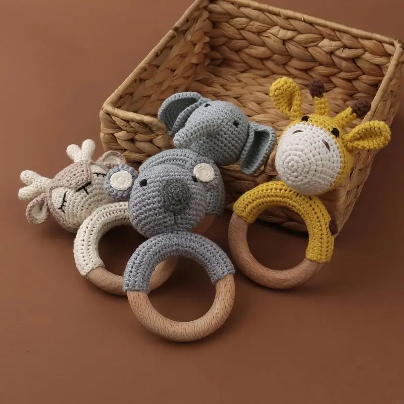 

Knitted Animals Infant Wooden Circle Teether BPA Wooden Teeth Nursing Pacifier Clip Wooden