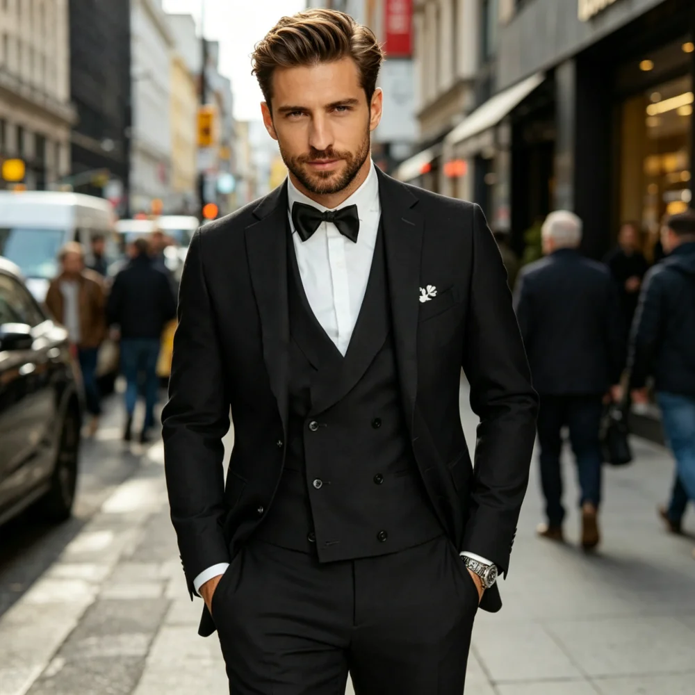 

Elegant Ternos Masculinos 3-Piece Smoking Set with Notched Lapel Blazer Vest And Pants Formal Ensemble Men's Suit