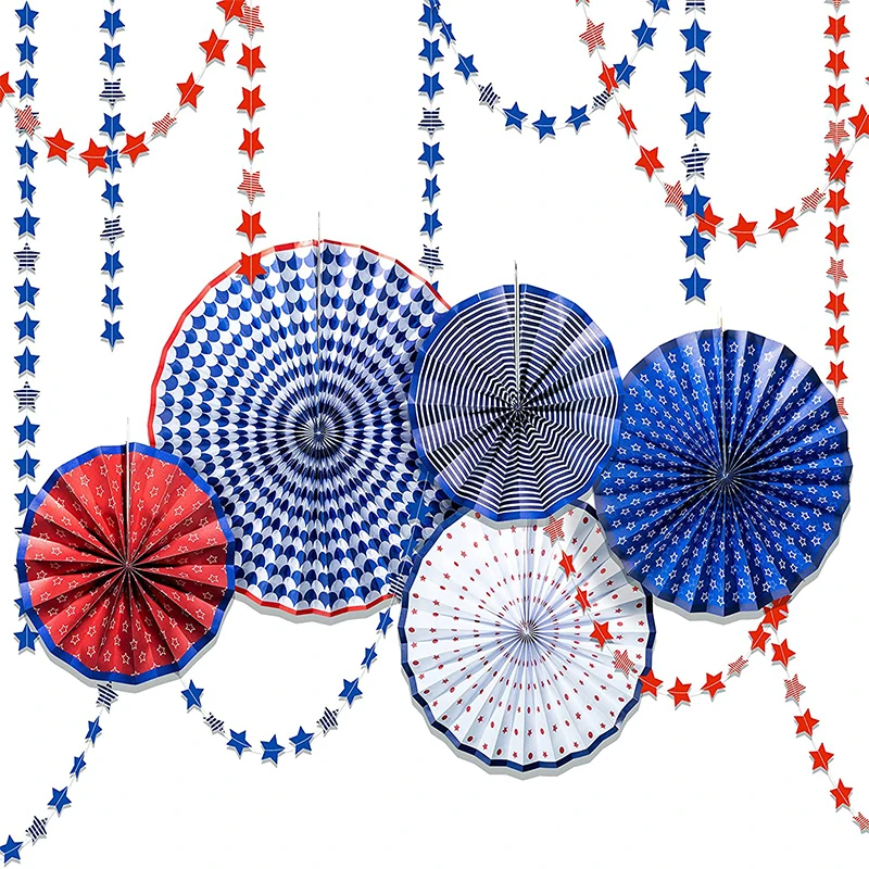 Independence Day Party Decor Red Blue Paper Folding Fan Flowers Wall Backdrop 4th of July Stars Garland USA Birthday Decorations