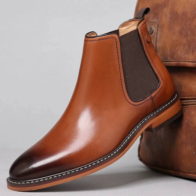 High Quality Men's Genuine Leather Chelsea Boots Top Layer Cowhide Lining Raw Rubber Sole Latex Slip-On Ankle Shoes