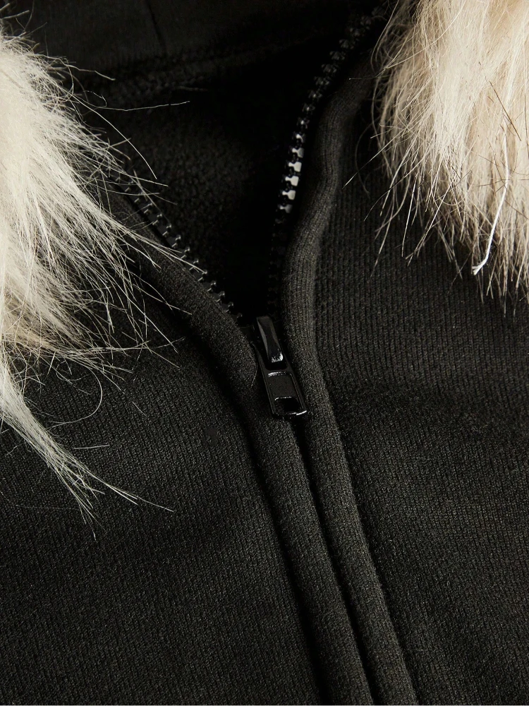 Amerikanisches Retro-Y2K-Taillen-Sweatshirt mit Pelzkragen und Kapuze, einfarbiger Mantel für Damen im Herbst und Winter, Reißverschluss-Schlankheitsoberteil