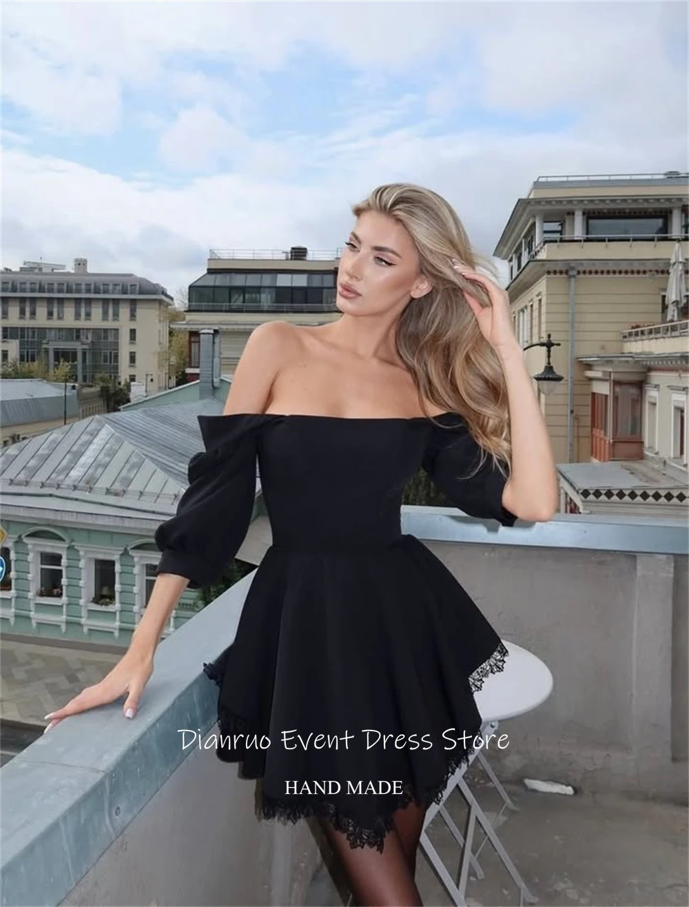 Dianruo A-Linie-Abschlussballkleider mit Spitzenbesatz, schulterfreies Mini-Abschlussballkleid, Puffärmel, Pfleger Ärmel, Giren Mohamedе Amatico