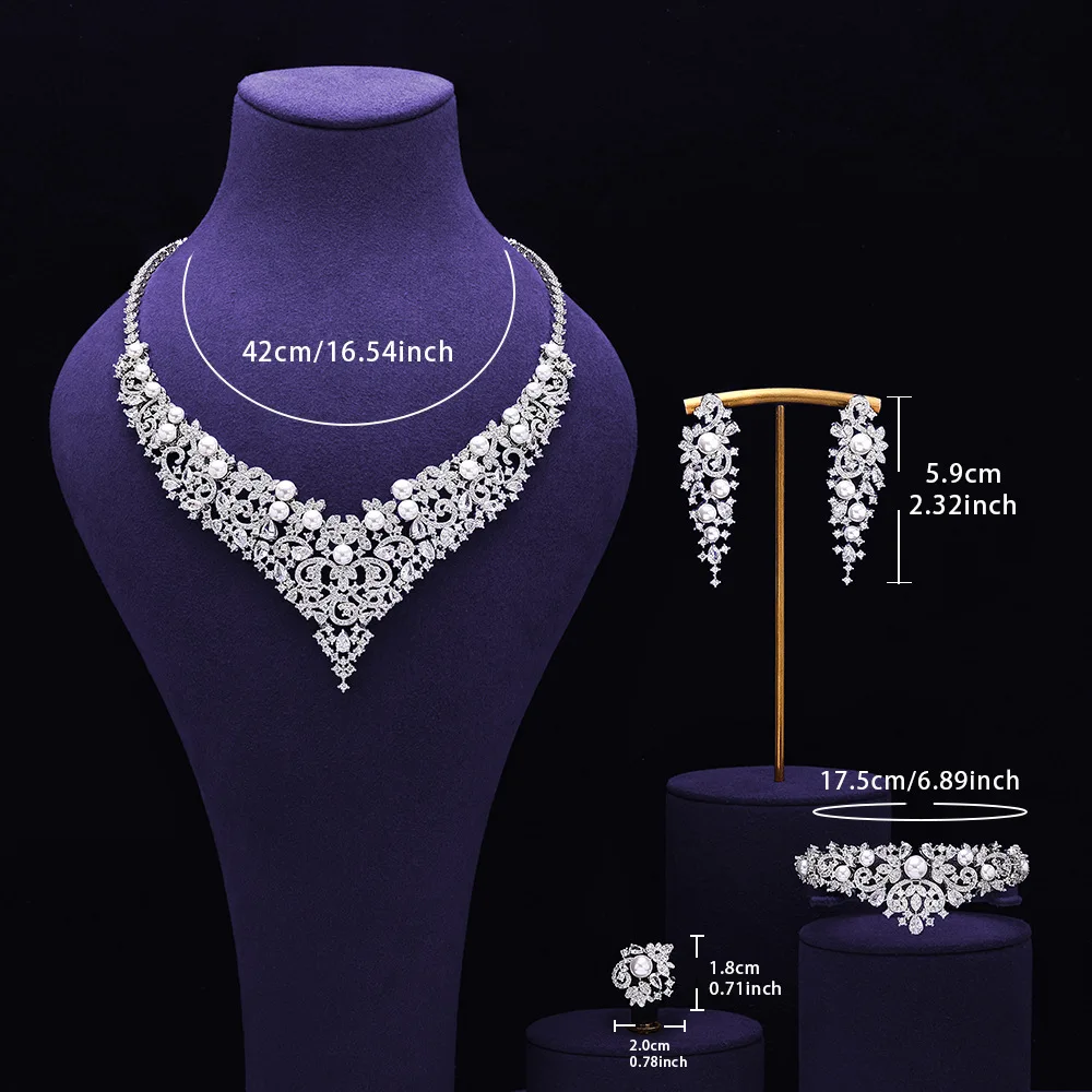 Fashion Women 4Pcs Bridal Jewelry Set Paved Cubic Zirconia Imitation Pearl Necklace Earrings Bracelet For Wedding Christmas Gift