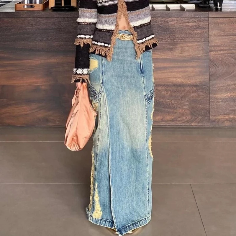 

American Retro Washed Split Irregular Denim Skirt Female Spice Girl Slim Fishtail Skirt with Raw Edges
