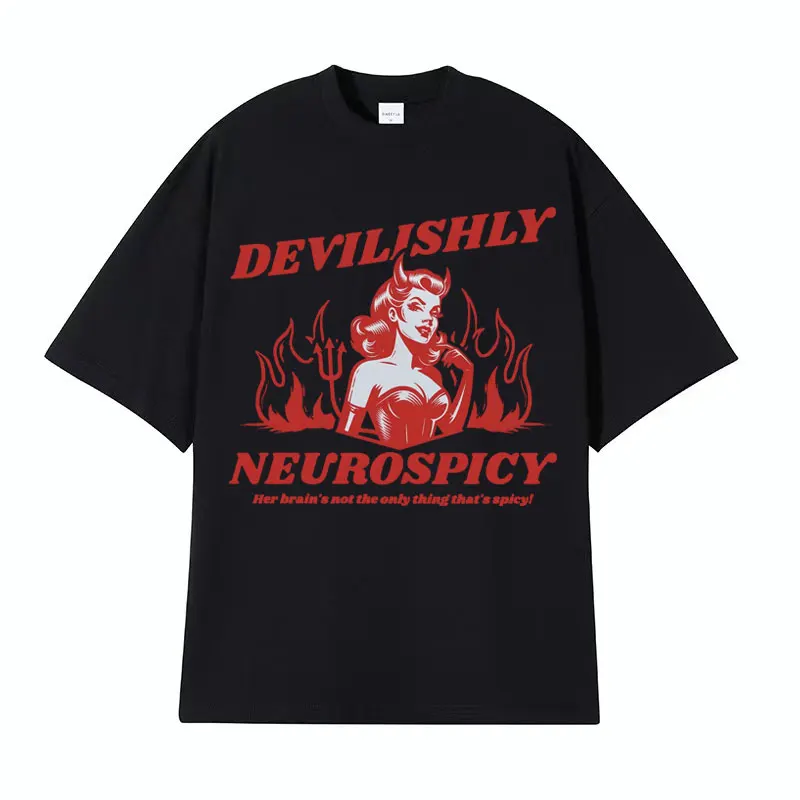 Funny ADHD T Shirt for Women Devilishly Neurospicy Vintage Style Adult Humor T-shirts Men Harajuku Fashion Casual O-Neck T-shirt