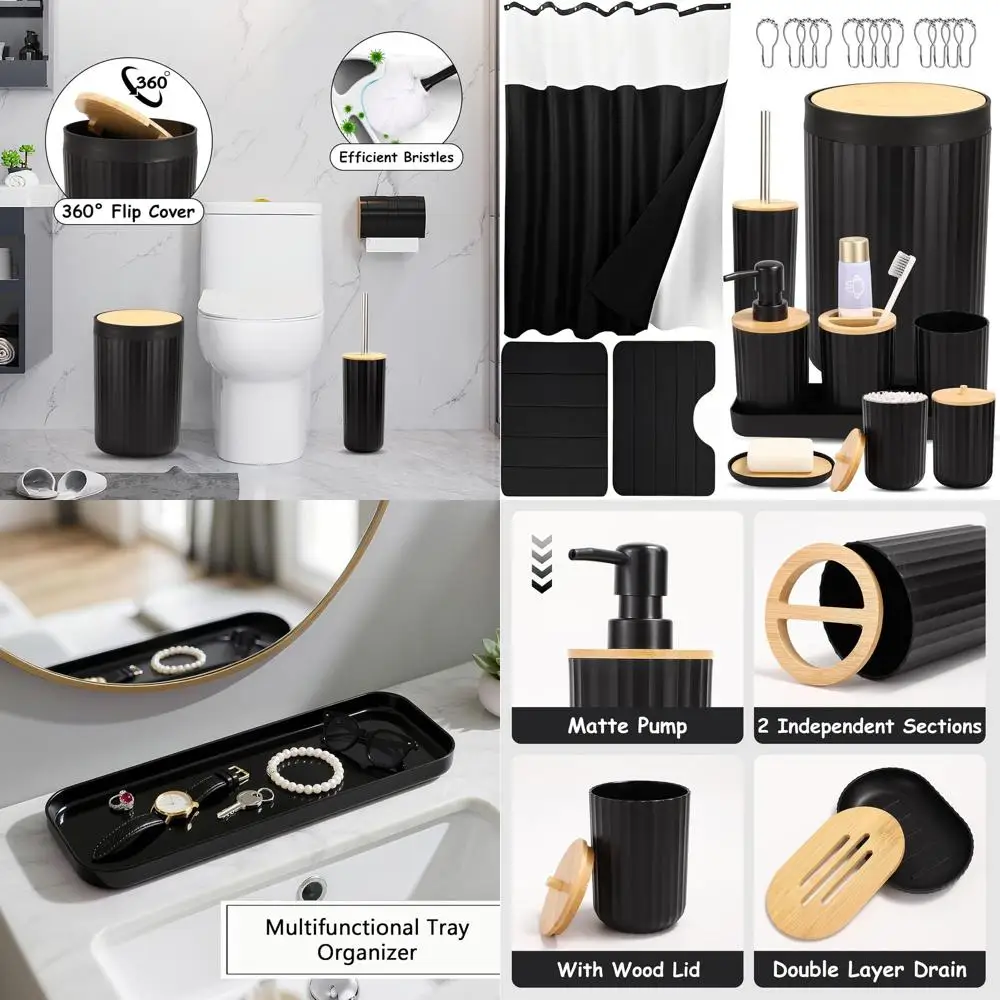 

Complete 24-Piece Black Bathroom Collection: Shower Curtain, Rugs, Trash Bin, Brush, Dispenser, Holders & More