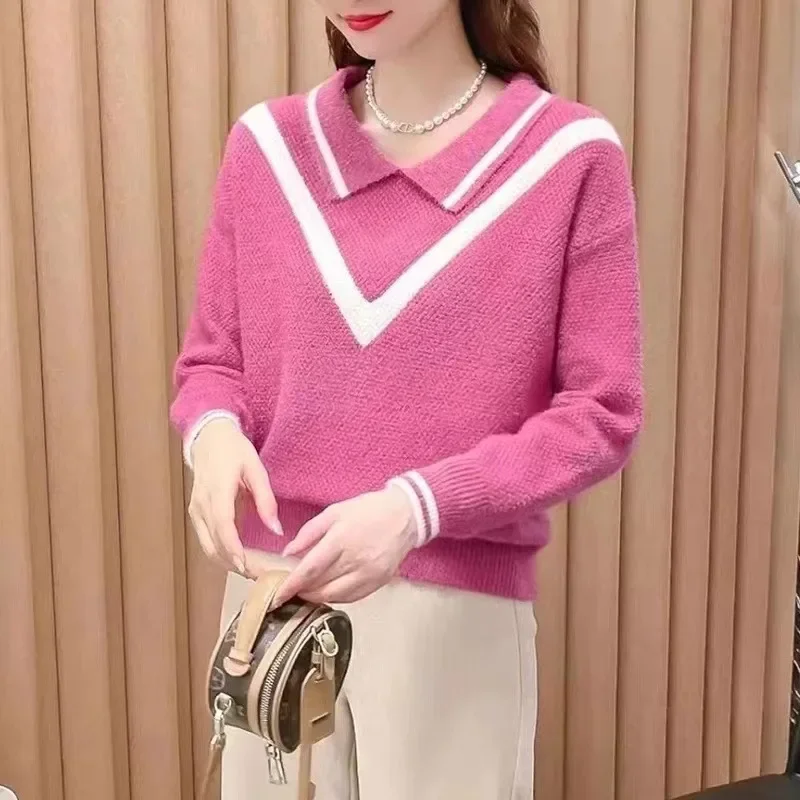 

Women Knitted Sweaters Full Sleeve Peter Pan Collar Solid Casual Pullovers Regular Loose Fit Splice Autumn Winter Tops 2023