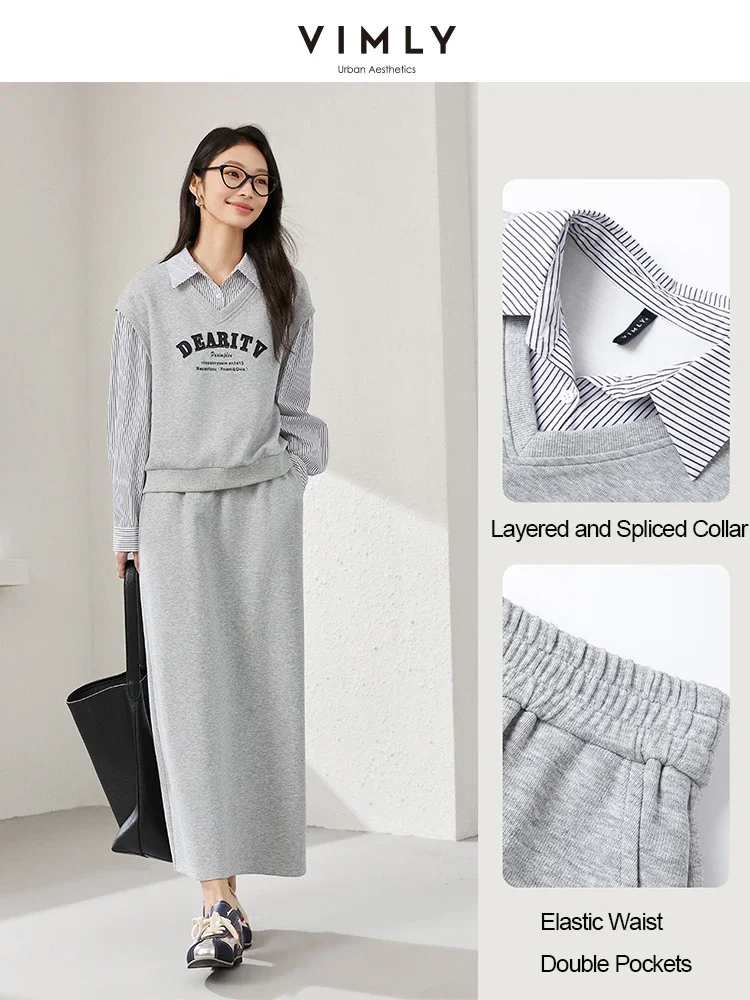 VIMLY Women Casual Skirts Set 2025 Spring Simple O-Neck Fake 2PCS Sweatshirt Elastic Waist Slit Skirt Office Lady Clothes Set