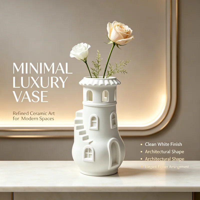 Matte White Castle-Shaped Mini Art Vase with 3D Architectural Design, Arch-Shaped Window, Side Staircase, Embossed Details, Smooth and Delicate Porcelain Texture, Minimalist and Luxurious French Romantic Style, Stable Base Suitable for Small Flower Arrangements, Decoration for Living Room, Entryway, Dressing Table, Desk, Multi-Scene Tabletop Decoration, Housewarming Birthday Gift for Girls, Flower Art Enthusiasts, High Aesthetic Home Craft Gift