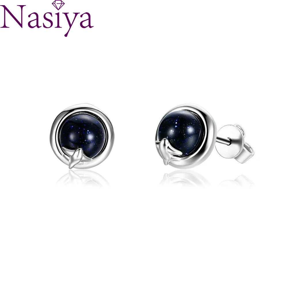 

NASIA 6x8MM Starry Blue Cyanite Silver Earring Studs For Women Vintage Fashion Jewelry Engagement Party Anniversary Gift