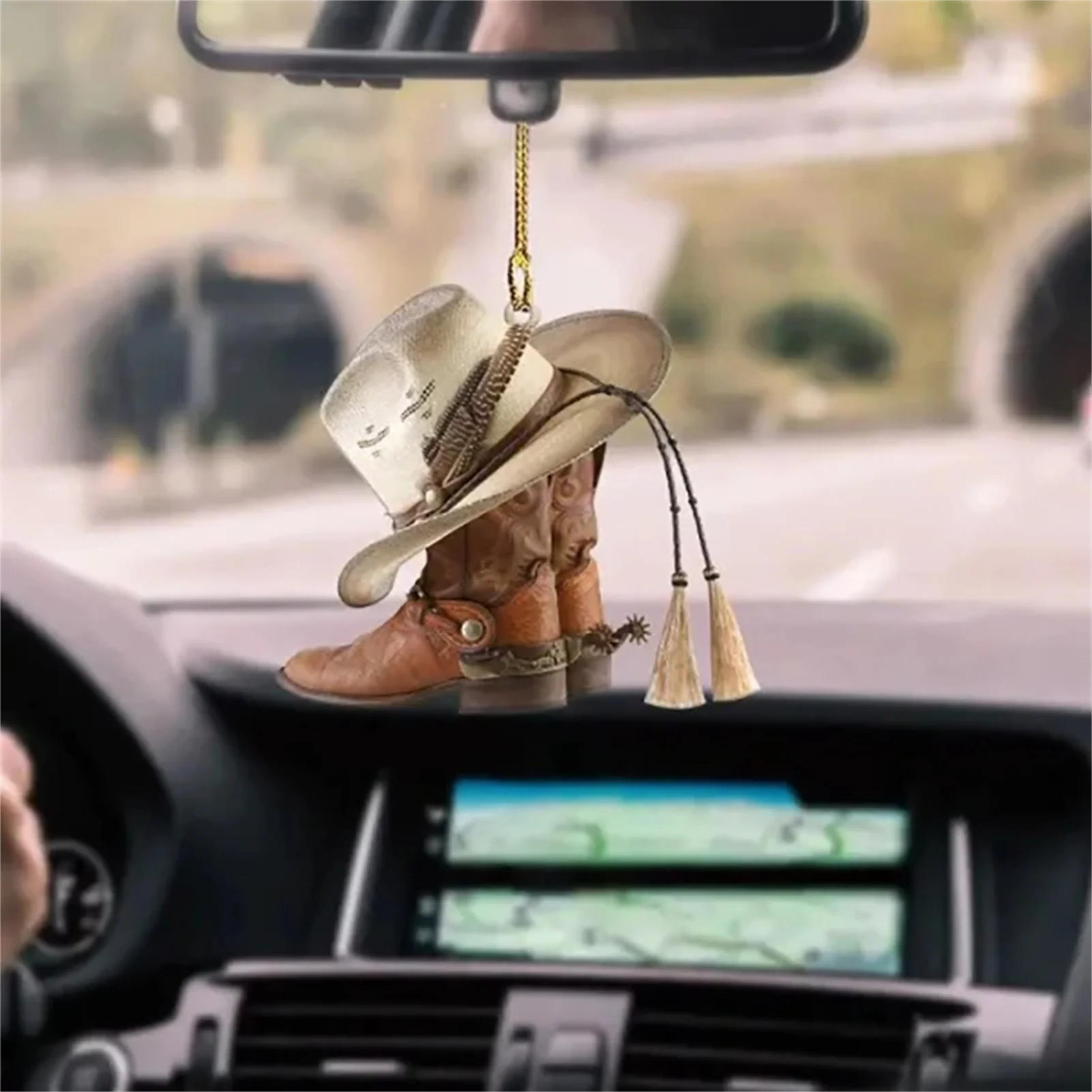 

Car Rear View Mirror Ornament Auto Interior Decoration Cowboy Boots And Hats Flat Acrylic Pendant Office Home Gardening Decor