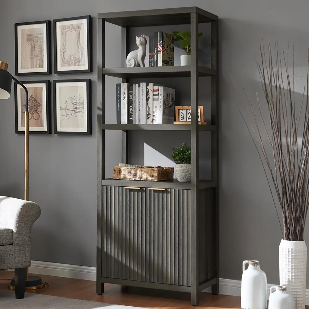 

Oxford Bookshelf, Tall Book Shelf with Doors Cabinet, 5-Tier Bookcase, Wooden Bookshelves with Fluted Panel, Large Bookcases