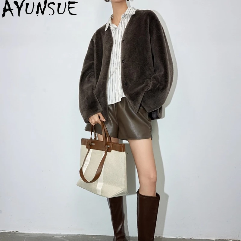 

AYUNSUE 100% Wool Coat Women 2025 Winter Clothes Merino Sheep Shearing Coats for Woman Composite Fur Пальто Женское V-neck