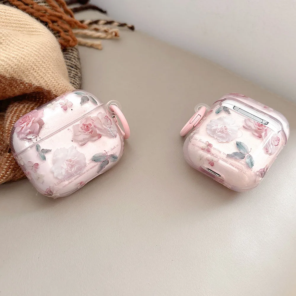 สีชมพูดอกไม้โปร่งใสดอกไม้หูฟังสําหรับ AirPods 4 ANC 1 2 3 Pro AirPod Pro2 นุ่มป้องกันพร้อมพวงกุญแจ funda