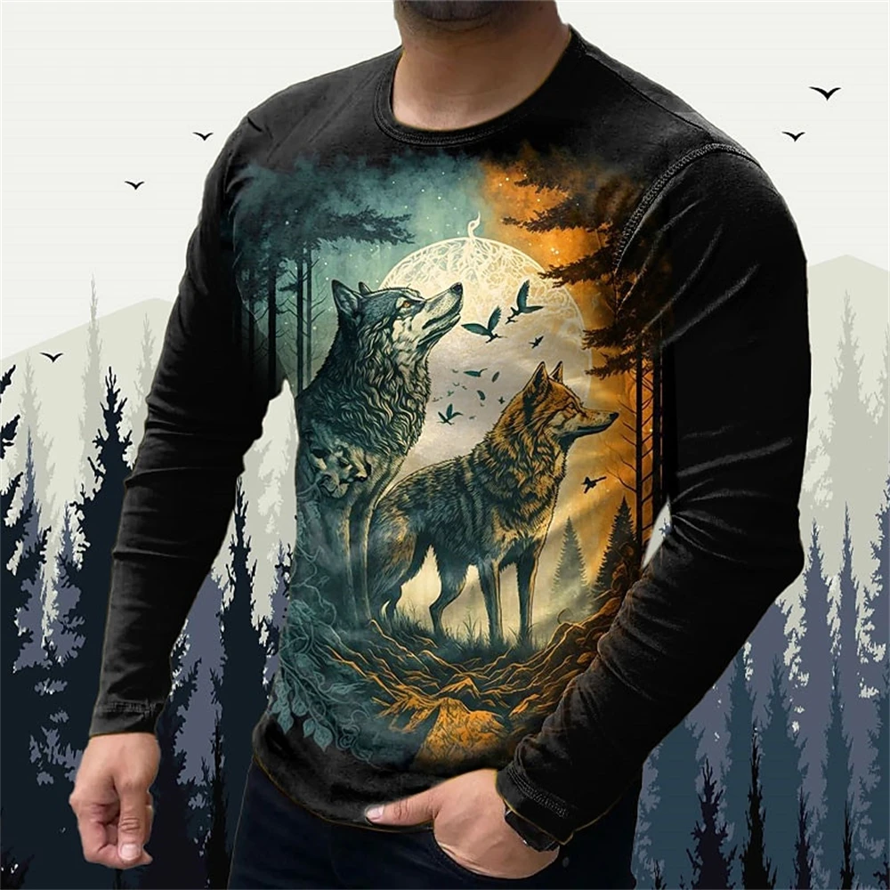 

Funny 3D Wolf Print Men's T Shirt Street Trend Harajuku Vintage Clothes Casual O-neck Long Sleeve T-shirt Fashion Loose Men Tops