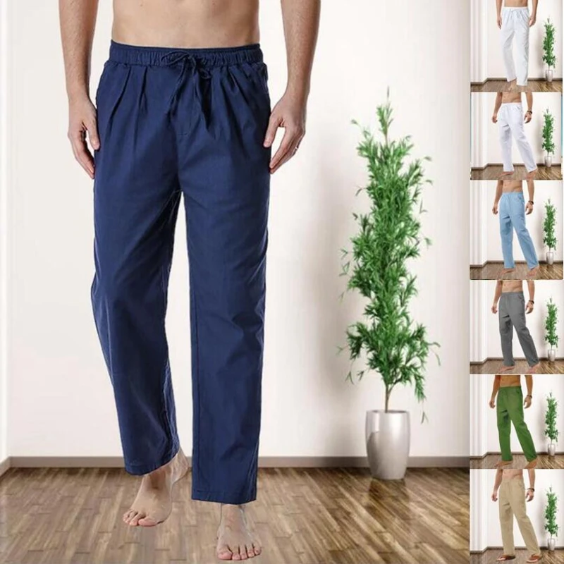 

Autumn Cotton Linen Long Pants Men's New Fashion Sport Pants Solid Color Loose Elastic Waist Drawstring Fitness Casual Trousers