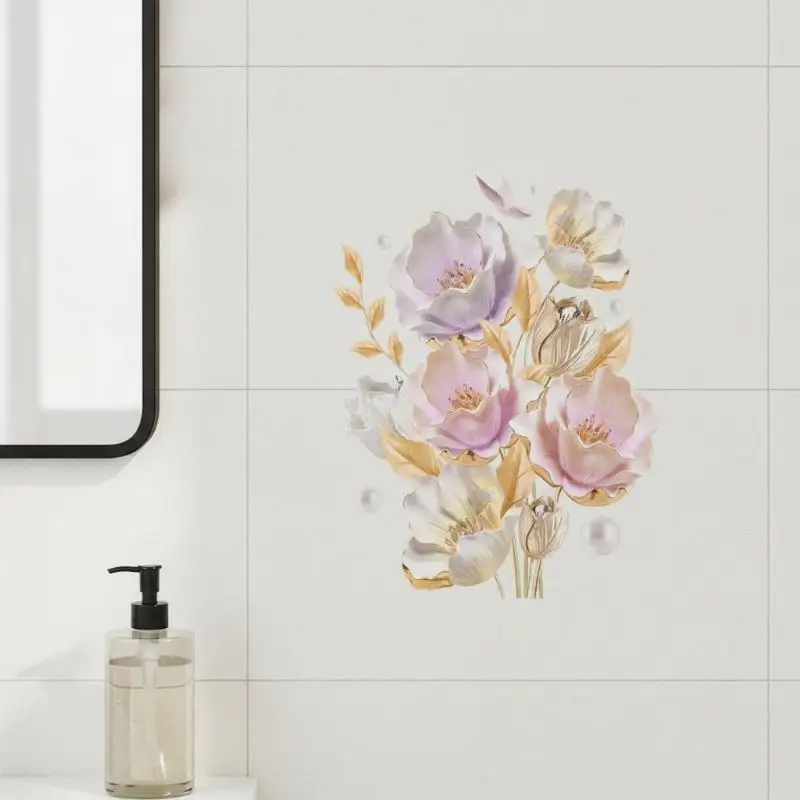 Luxury Gold Pearl Floral Toilet Sticker, Waterproof Self-Adhesive Bathroom Decor Sticker Wall Stickers Wall Sticker Wall Decor