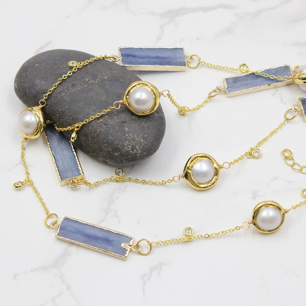 G-G Freshwater Natural White Pearl Natural Blue Kyanites Stone Connector Chain Long Necklace Sweater chain For Lady