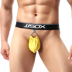 Tanga interior con bolsillo de cintura ancha para hombre, ropa interior Sexy con anillo de Metal, cintura baja, picaduras, espalda en T hueca, espalda abierta, A50