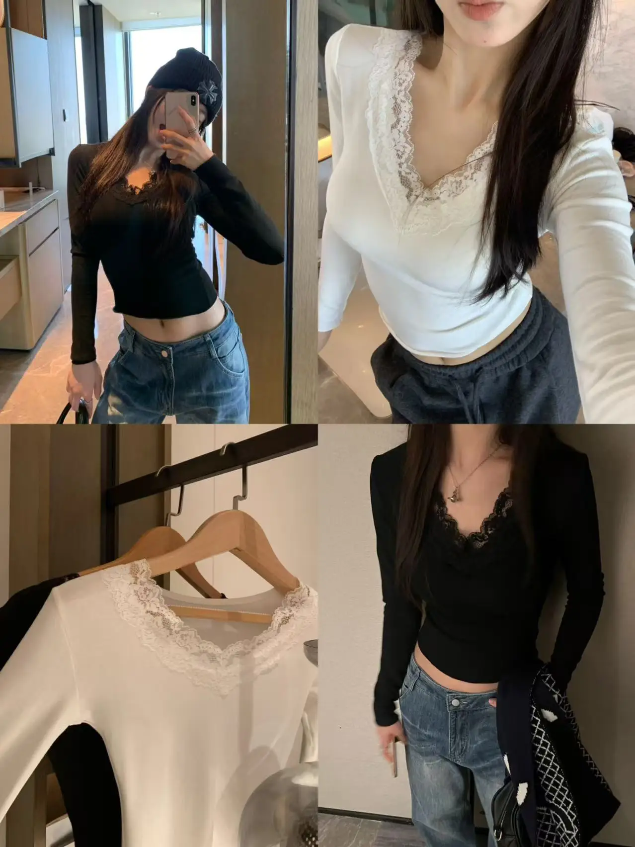 

Wuling Autumn Winter Lace Trim Knitted Long Sve V-Ne Base irt Pure Desire T-irt Commute Sle Regular Length