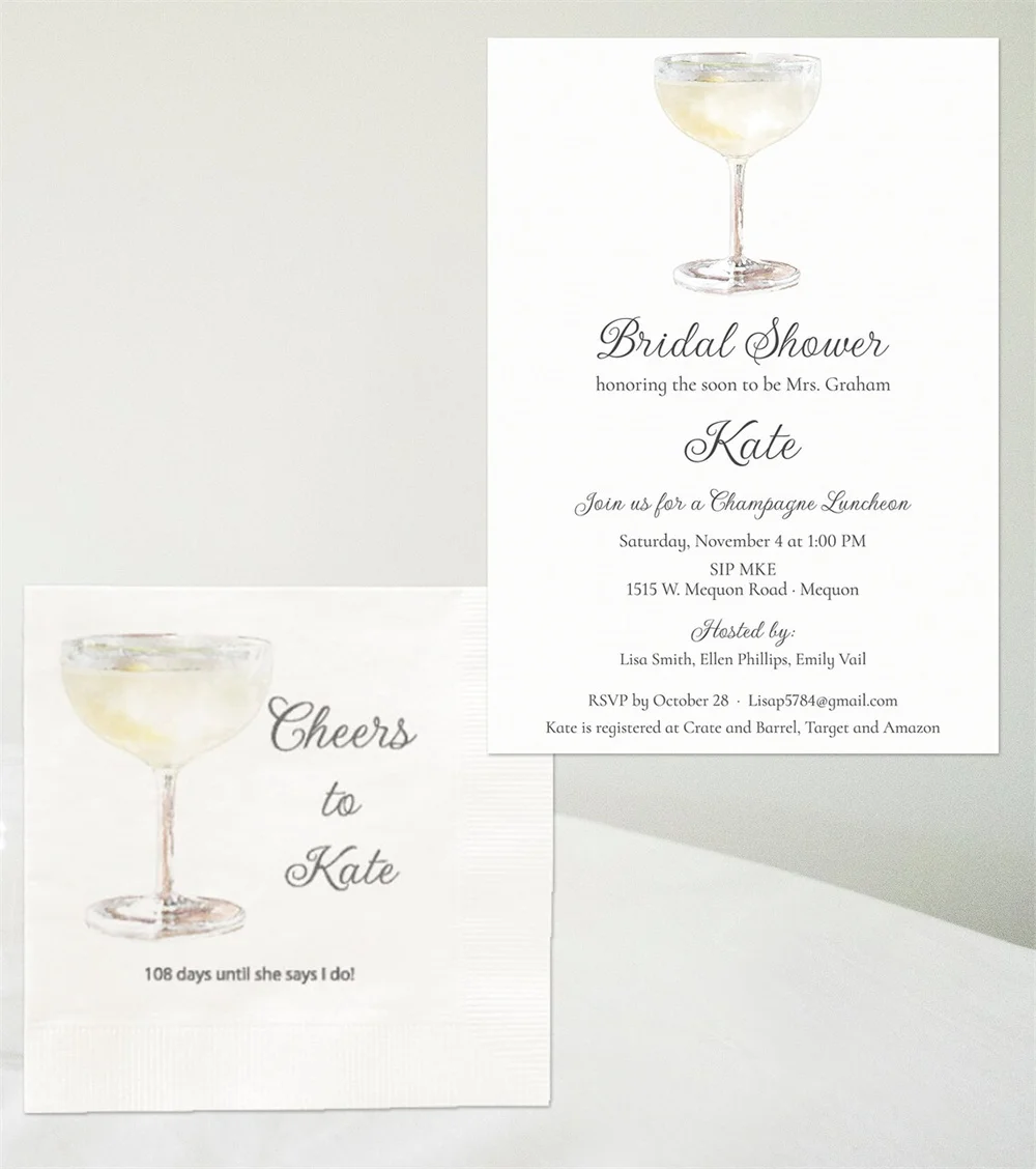 50PCS Coupe Champagne Glass Bridal Shower Personalized Napkins, Champagne Luncheon Custom Napkins, 100 Cocktail Napkins, Soon to