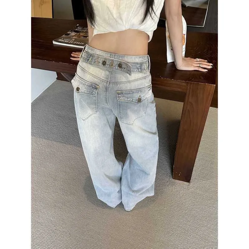 High Waist Loose Wide Leg Denim Pants Adjustable Back Buckle Design American Retro Style Summer New Arrival Straight Body Fit