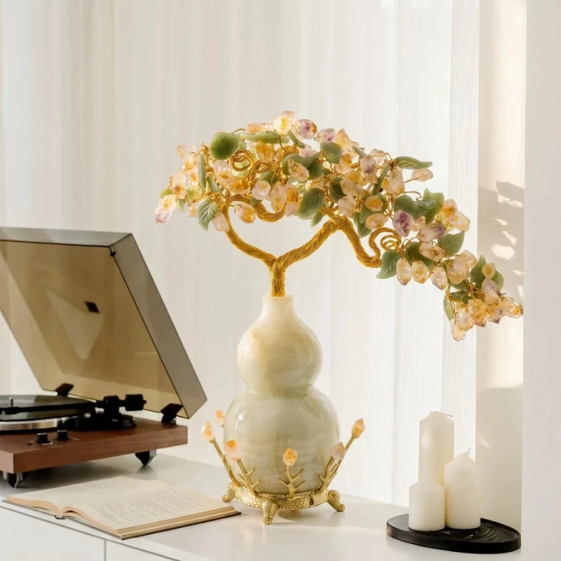 Chinese jade Fulu gourd golden branches and jade leaves office creative entrance ornament