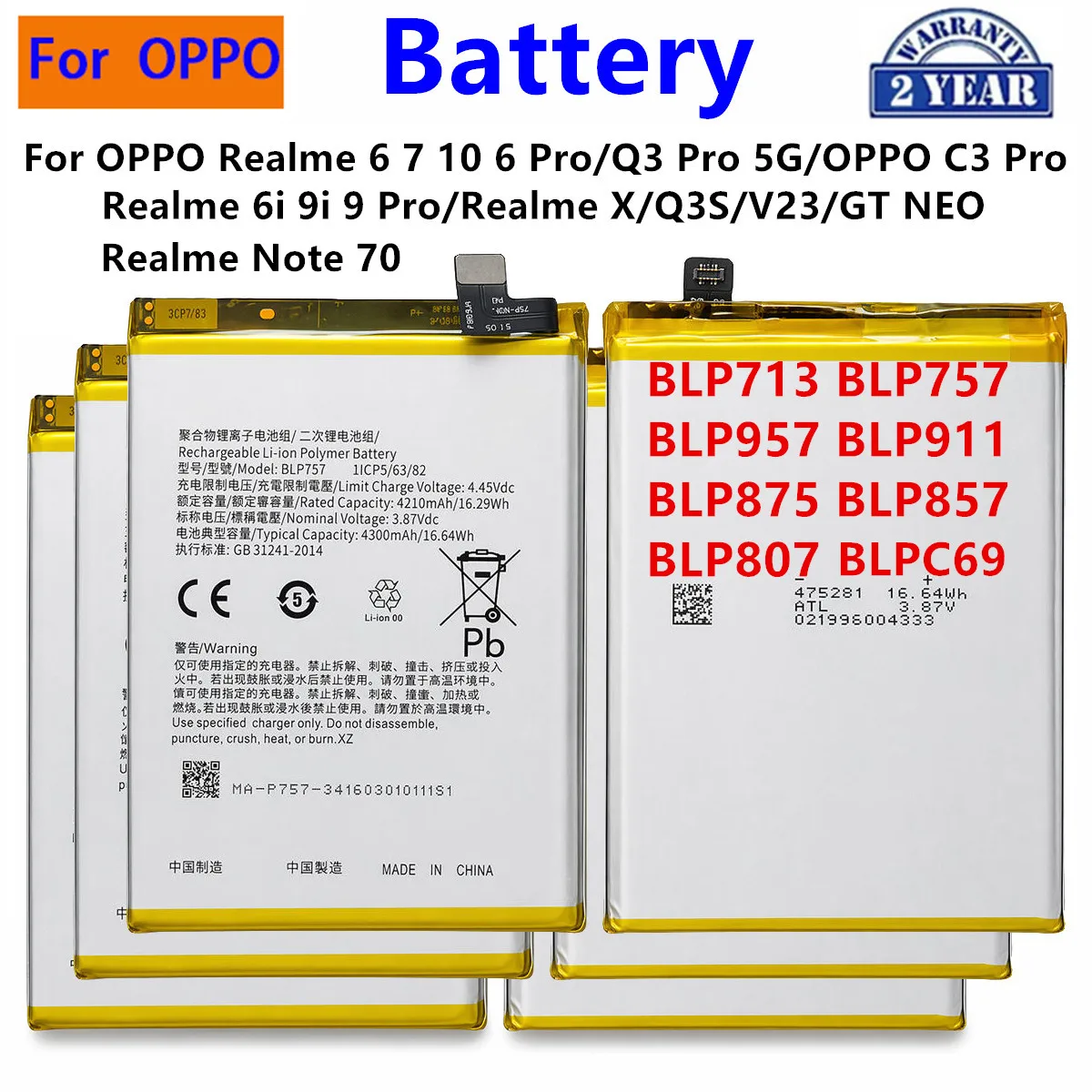 BLP713 BLP757 BLP957 BLP875 BLPC69 Akku für OnePlus OPPO Realme 7 10 6 9i 9 Q3 C3 Pro X/ Note 70/Q3S/V23/GT Neo/Narzo 30 Pro