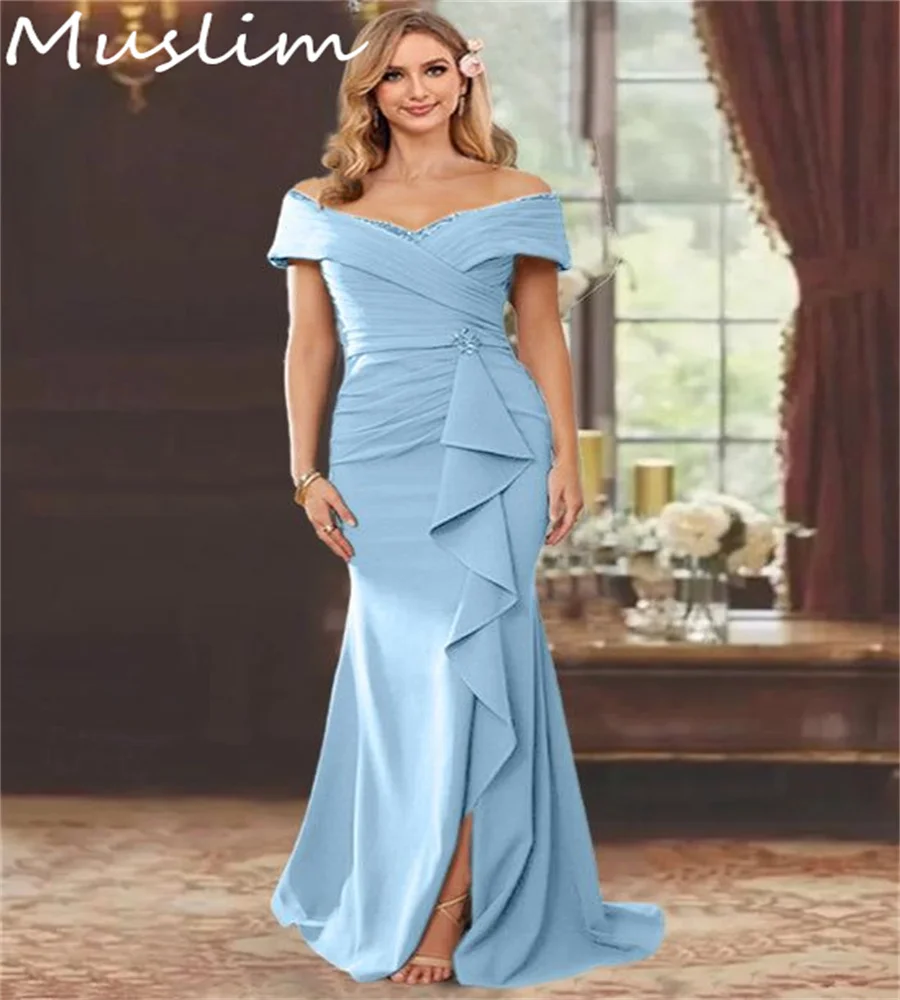 Blue Mermaid Mother Of The Bride Dresses 2025 Off Shoulders Beaded Plus Size Groom Mom Vestidos De Fiesta Elegantes Para Boda