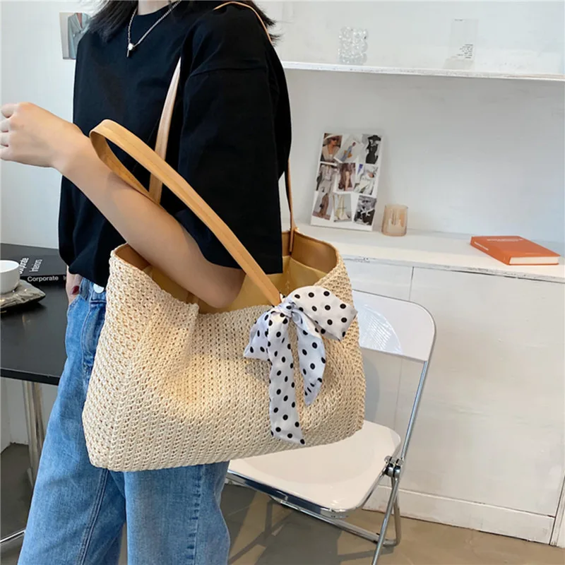 Sac de paille à nœud papillon pour femmes, écharpe d'été, sacs de plage de voyage, fourre-tout de shopping de grande capacité, rotin décontracté, sac initié à la main, notifications