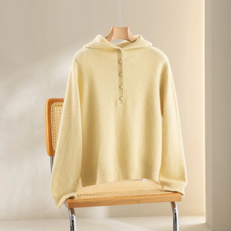 Birdtree,Wool Blended Warmth Sweater,Women Knitted Basics Solid Coat,Hooded, Full Sleeve, 2025 Autumn Casual Pullover T5D109JF