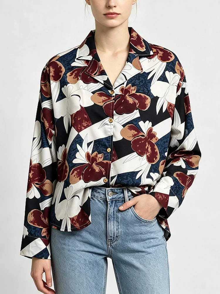 Office Lady Casual Loose Printing Tops Single Breasted Women Blouses New Fashion Chiffon Floral Long Sleeve Women's Shirts