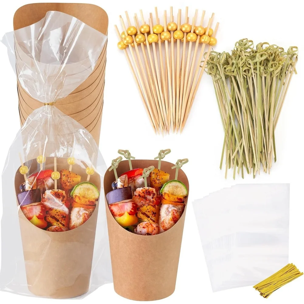 

60 Pack 16 Oz Recycled Paper Deli Cups With Wooden Skewers Bags Ties Disposable Paper Cup 16-Ounce Foods All-in-One Kits