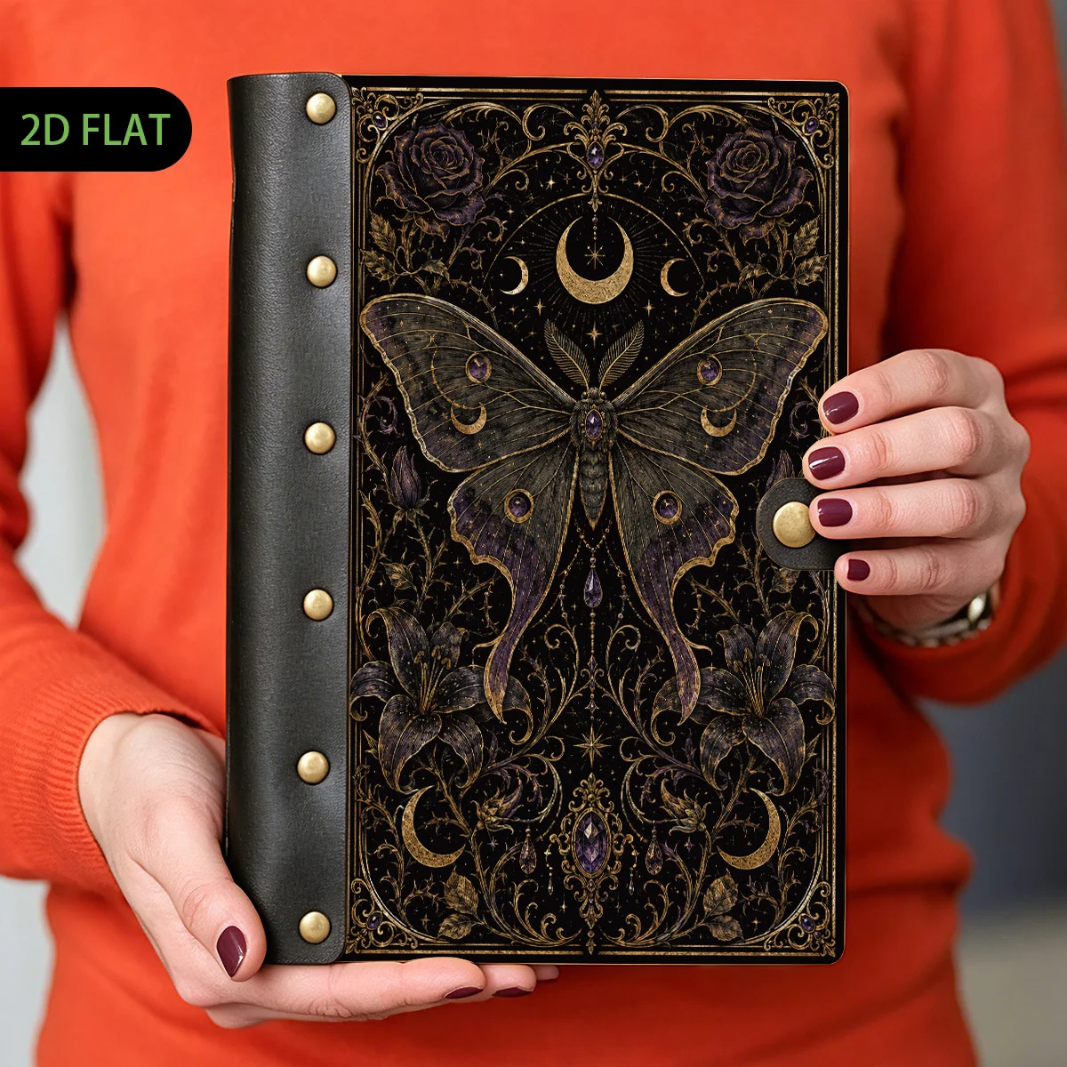 1pc Vintage Amethyst Luna Moth Thorn Rose Lily Wood Leather Binder Notebook, Refillable Loose Leaf, 2D Flat Hard Shell Metal Riv