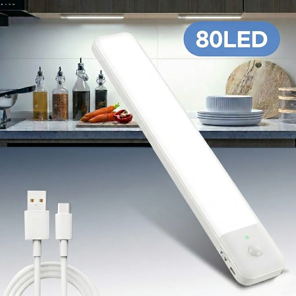 

PIR Motion Sensor Light 80 LED Under Cabinet Closet Lamp 32cm Type C Rechargeable Magnetic Night Light Kitchen Wardrobe