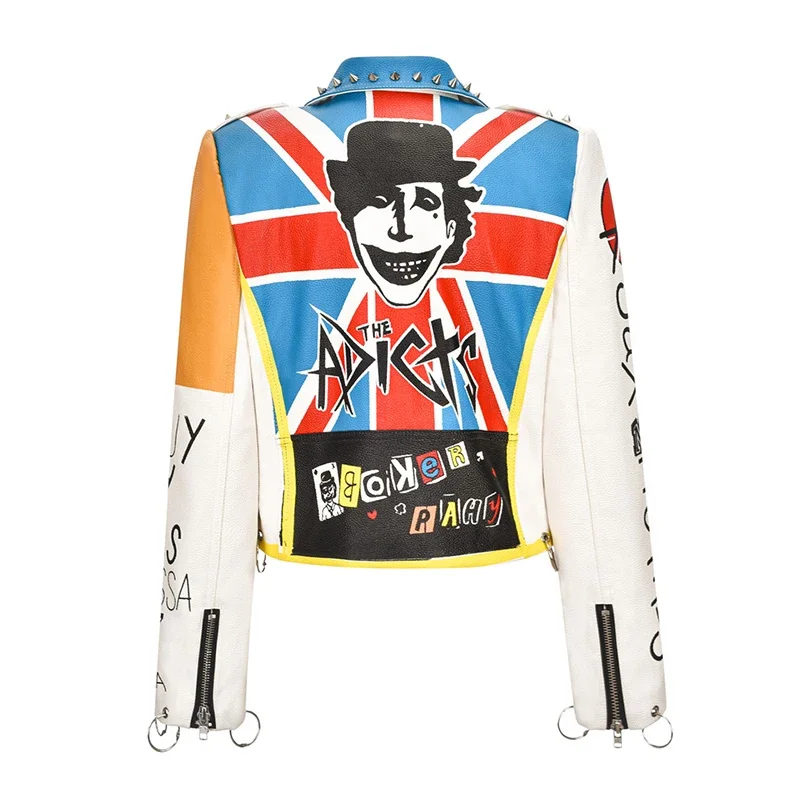 Streetwear Contrast Graffiti Print White Leather Jacket for Women 2024 New Slim-fit Punk Studded Faux Leather Cropped Jacket