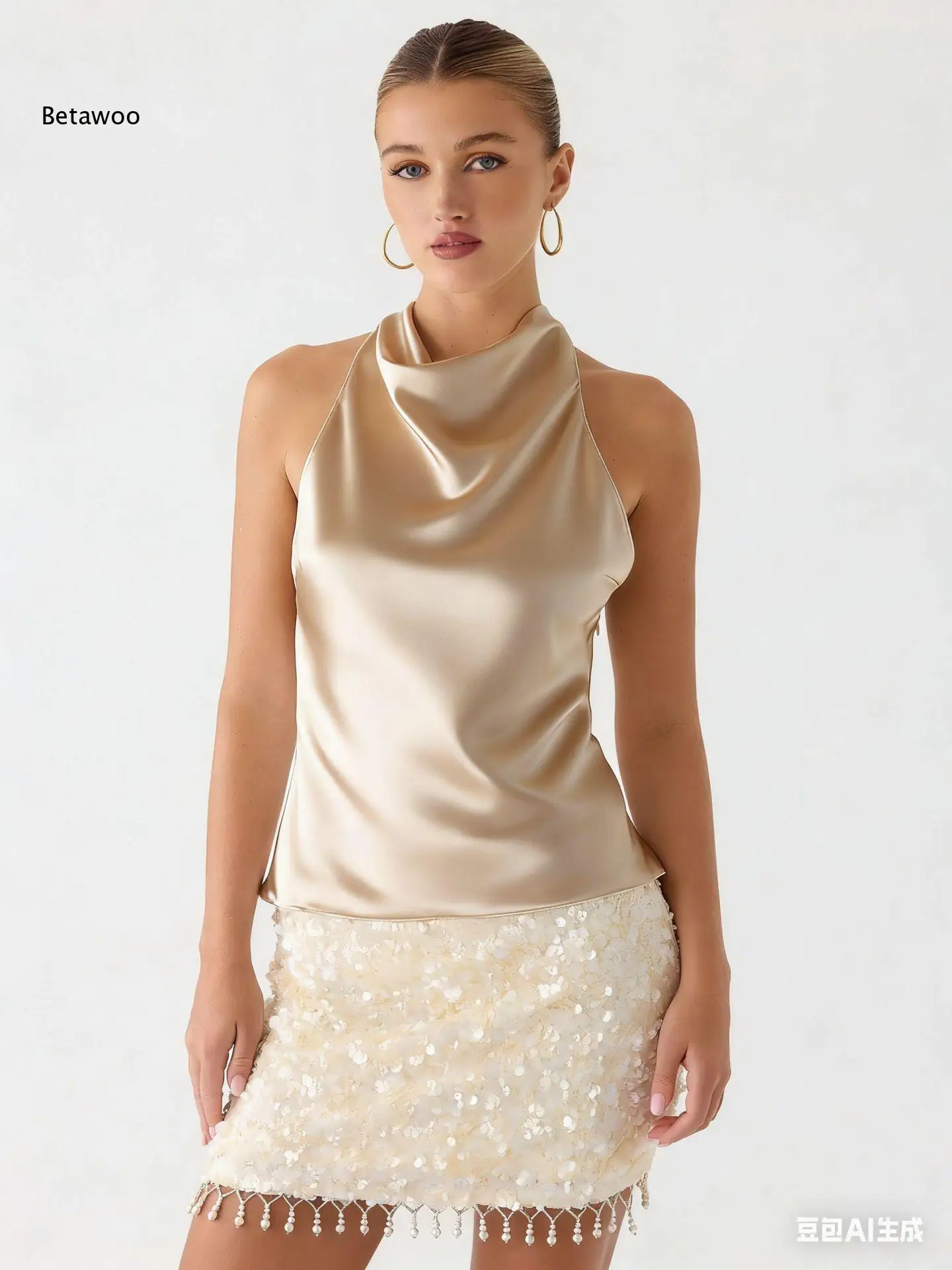 Women Satin Halter Cowl Neck Sleeveless Top Draped Collar Backless Slim Fit Elegant Party Evening Camisole Blouse