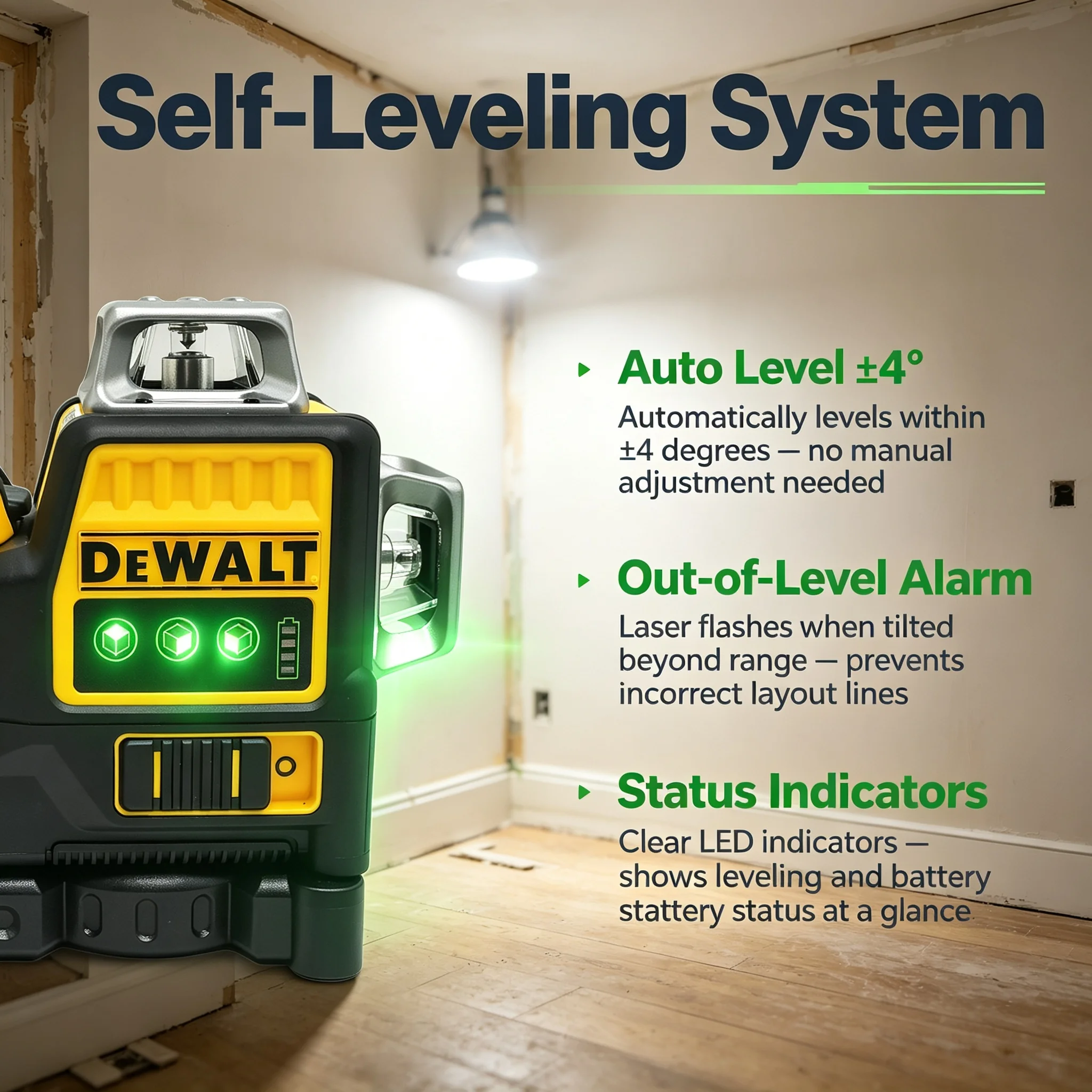 DEWALT DW089LG 12 Lines Green Light Horizontal&Vertical Laser Level Meter,3-Sided 360-Degree Laser Level with12V Lithium Battery