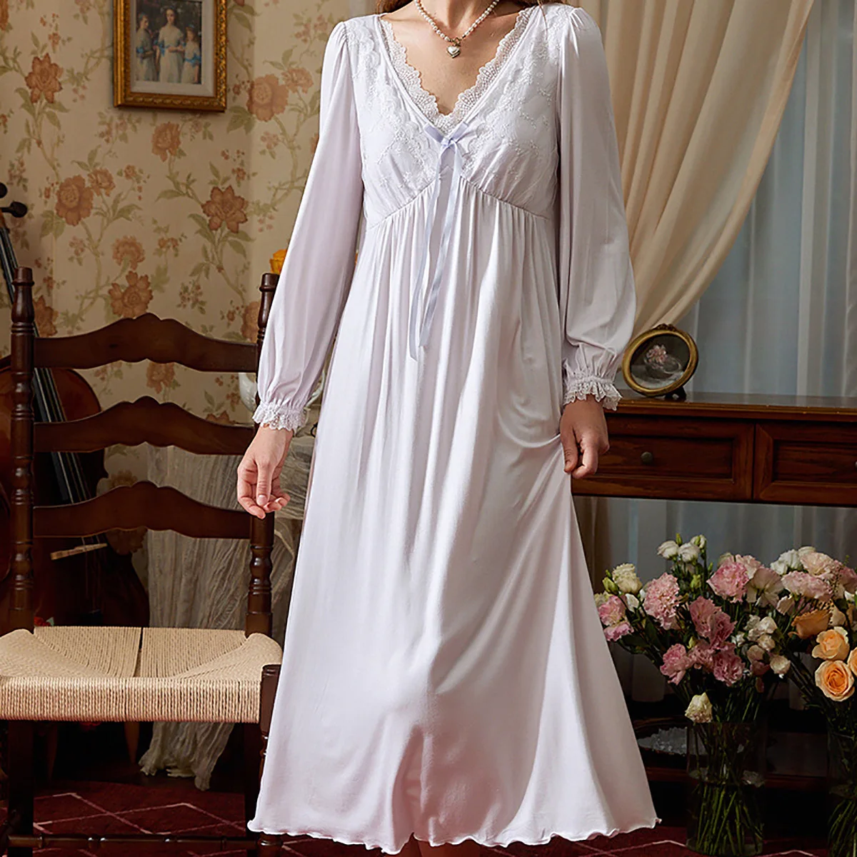 women-french-nightdress-spring-autumn-modal-sleepwear-mesh-long-sleeve-nightgown-lace-v-neck-rose-princess-home-wear