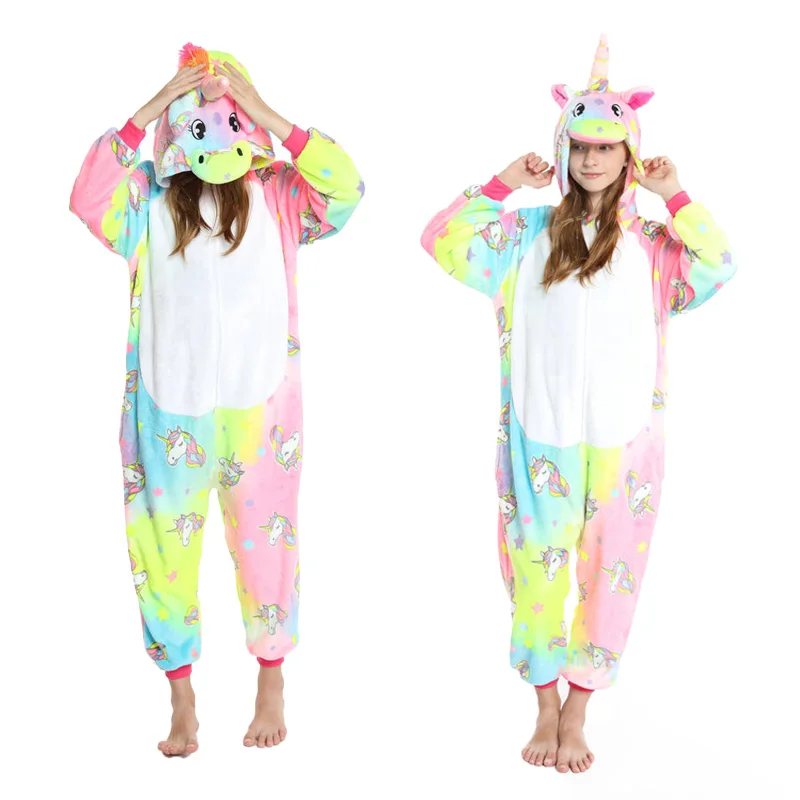 Long Sleeve Hooded Rainbow Sleepwear Kigurumi Kids Homewear Winter Unisex Pajamas Thicken Casual Nightgowns Onesies Loungewear