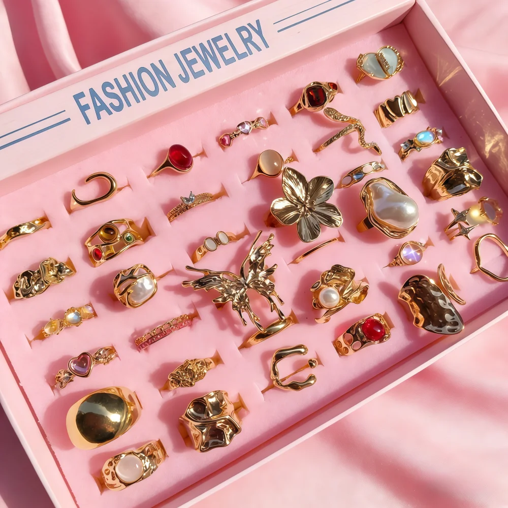 Conjunto de anillos abiertos irregulares con geometría de flores para mujer, 6/12/24/48 piezas, estilo mixto, regalo de fiesta, joyería elegante a la moda