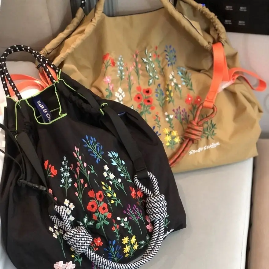 Floral Embroidery Eco Bags for Women Handbags Flower Designer Bag Large Shoulder Bag Nylon Shopper Purses Female Soft Tote Chic