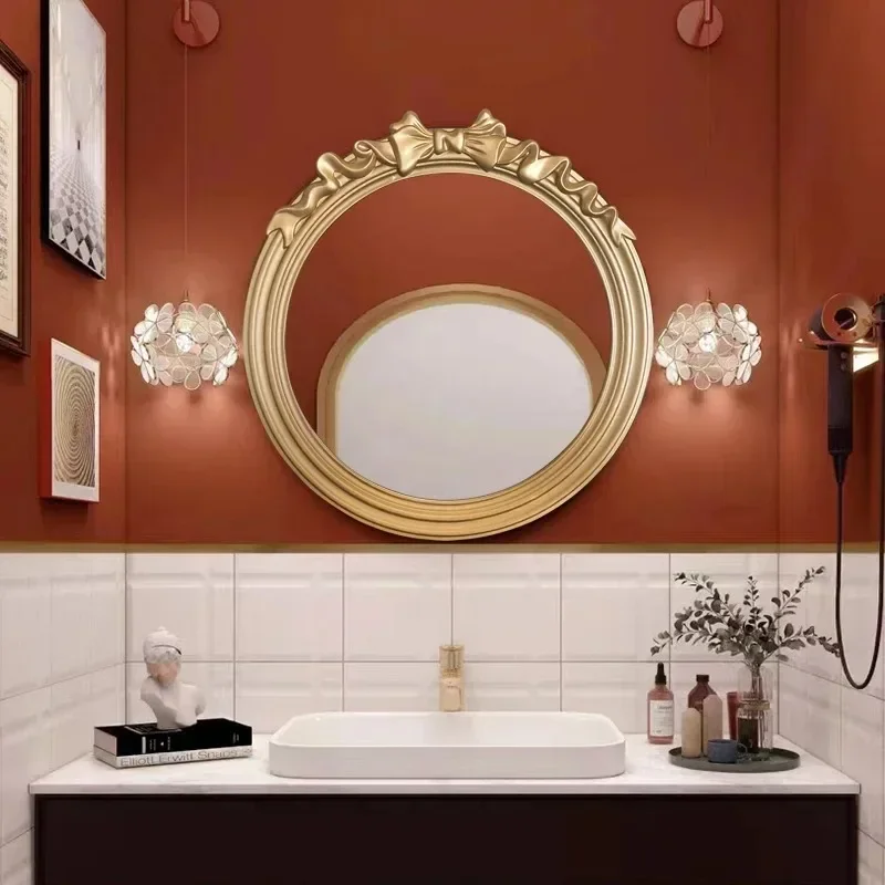 Aesthetic Unbreakable Mirror Bathroom Round Wood Frame Wall Hanging Funky Cosmetics MirrorDressing Espelhos Bedroom Decoration