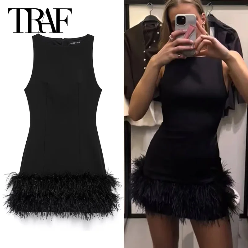 TRAF Womens Dresses Feather Black Dresses Women Sleeveless Short Dresses Female Solid Slim Spandex Sexy Dress Christmas Vestidos