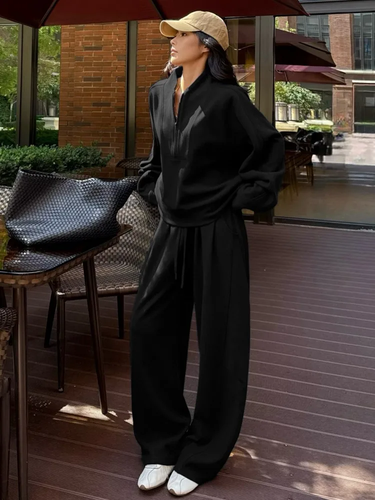Autumn Winter Outdoor Women Jogging Solid Color V Neck Jacket Fitness Loose Fit Two Piece Running Set Wide Leg Pants Tracksuit