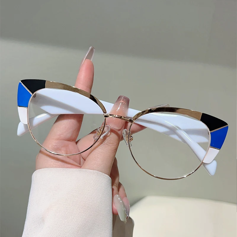 KAMMPT Oversized Cat Eye Glasses Women Stylish Patchwork Rim Optical Frames Trendy Brand Design Blue Light Blocking Eyeglasses
