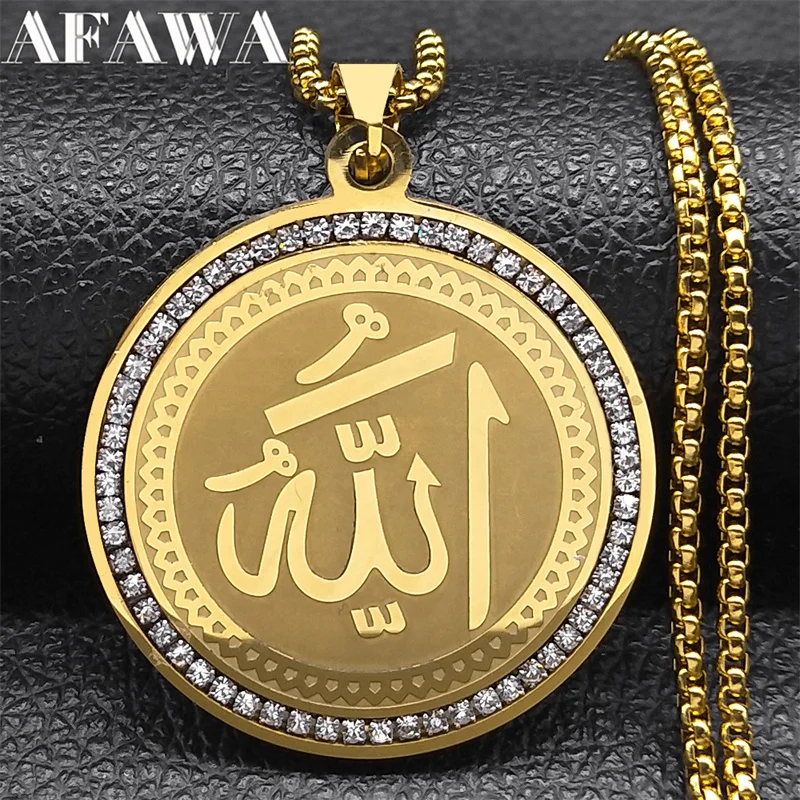 Arabic Quran Allah Medal Necklace for Women Men Rhinestone Stainless Steel Gold Color Islam Muslim Chain Jewelry collar NZZZ490