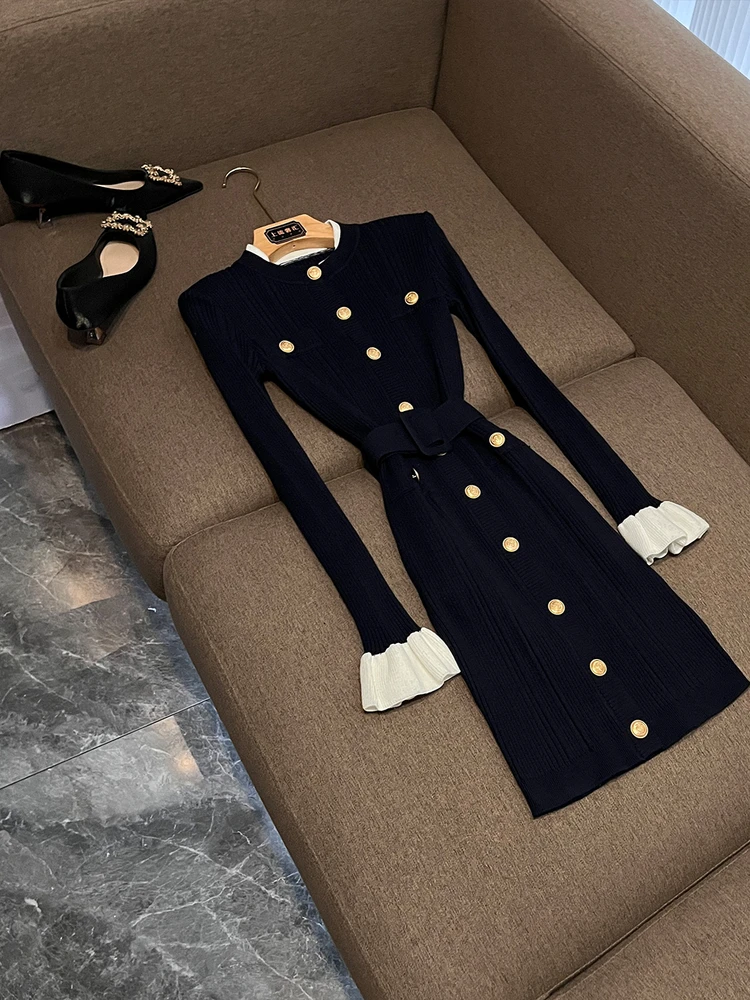 Autumn Winter Slim Fit Knitted Dr with Belt round Ne Long Sve Color Blo Casual Sle Ci Commute Suitable BK375