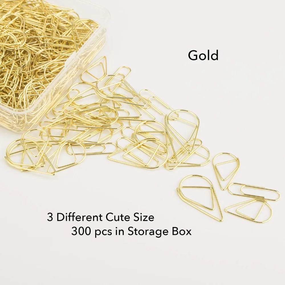 Gold paper clips, various sizes, smooth wire drop paper clips, large, medium and small office supplies