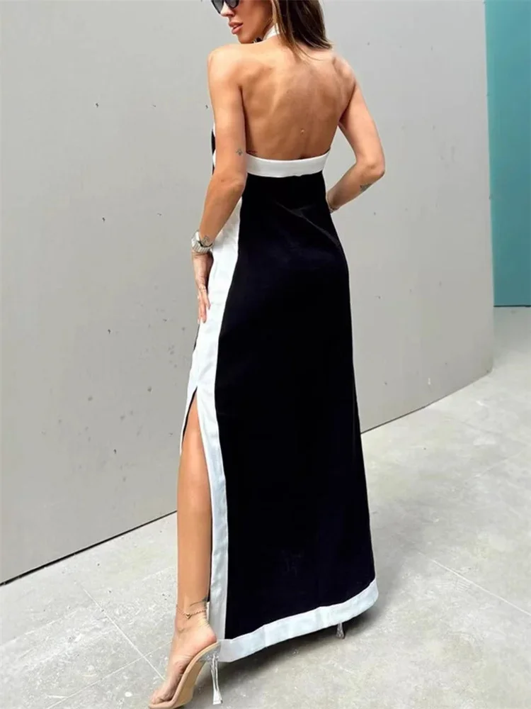 

Backless Contrast Fashion Maxi Dress Women Patchwork Hollow Out Side Split Beach Holiday Clothes Female Long Dress Summer